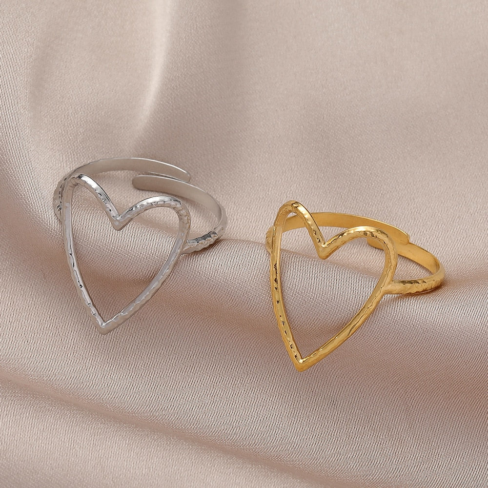 DIEYURO 316L Stainless Steel 2 Colours Love Heart Hollow Ring