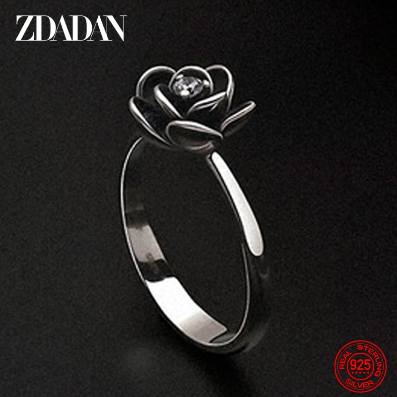 ZDADAN 925 Sterling Silver Charm Black Rose Flower Zircon Ring