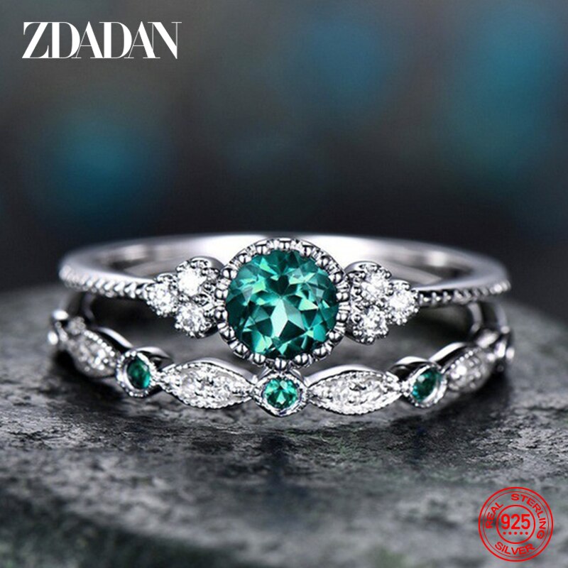 ZDADAN 925 Sterling Silver Emerald Zircon Charm Blue Gemstone Ring