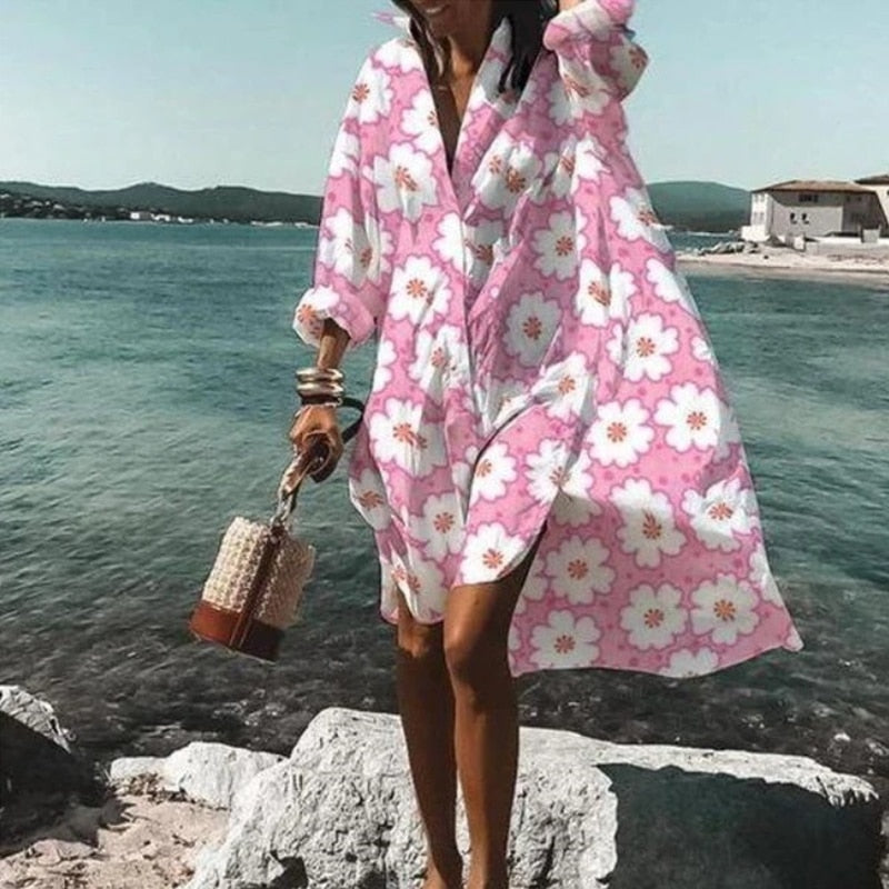 Summer Women Dresses Turn-down Collar Print Casual Long Sleeve Shirt Dress Oversized Loose Beach