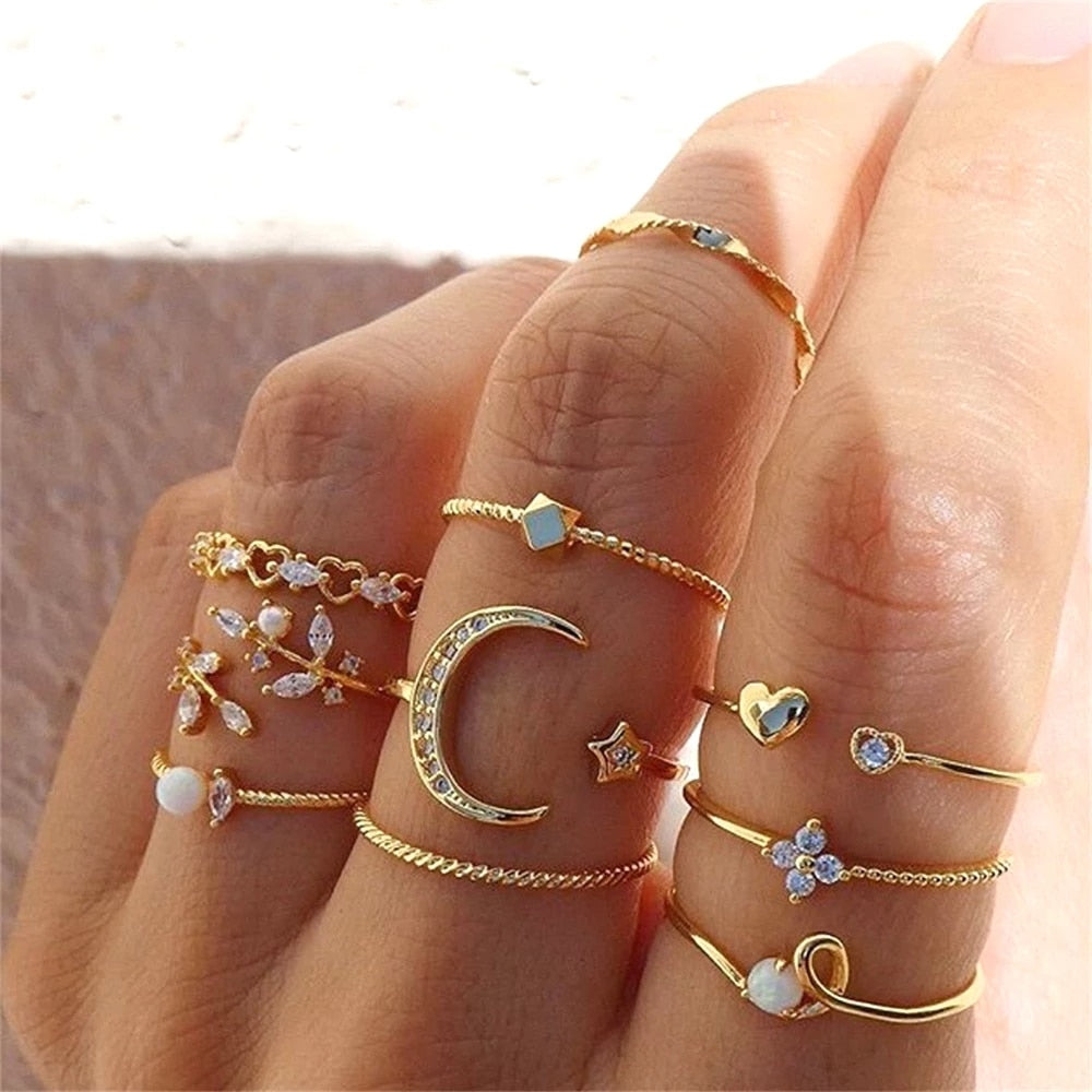 FNIO Bohemian Gold Color Chain Rings Set
