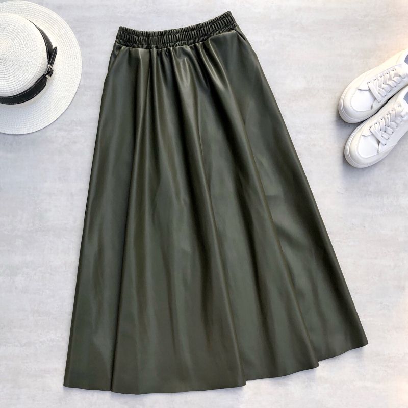 Neophil 80cm Women Leather Elastic Waist A-Line Flare Long Skirt