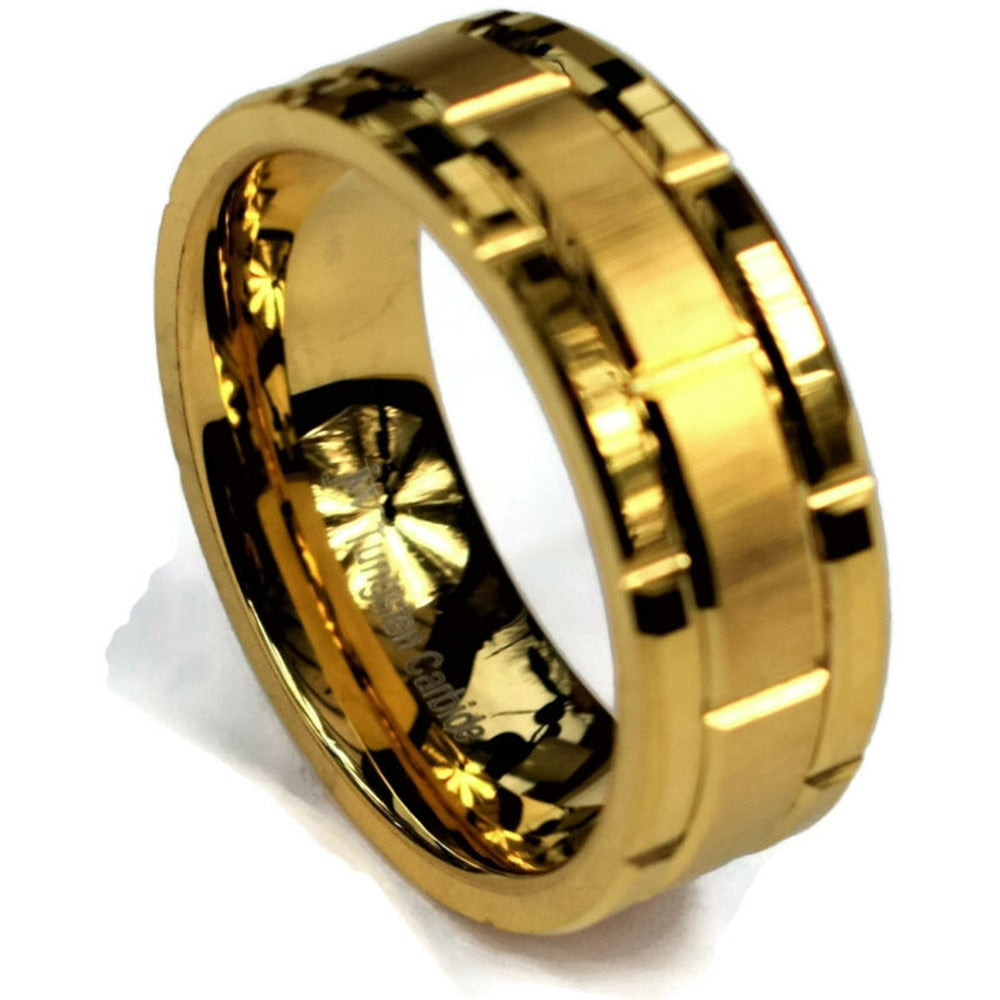 Simple Tungsten Carbide Gold Color Grooved Men Ring