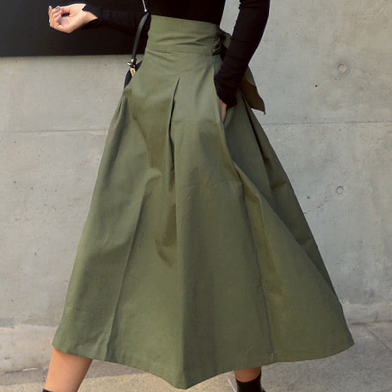 Korean Fashion Solid Color Big Swing Women High Waist Bow Slim Skirt