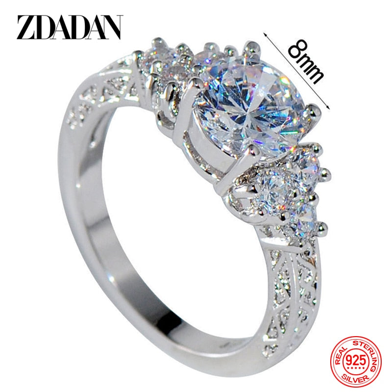 ZDADAN 925 Sterling Silver 8MM Zircon Finger Ring