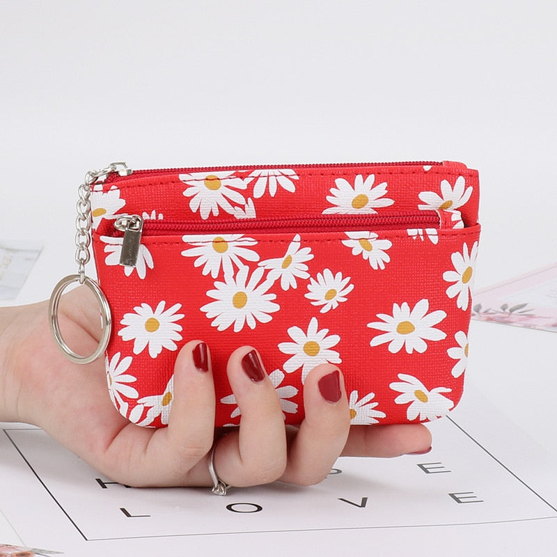 Daisy Print Coin Purse Women Mini Wallets Clutch With Zipper Keychain Small Coin Pouch Bag Female Pouch Key Card Holder Wallet