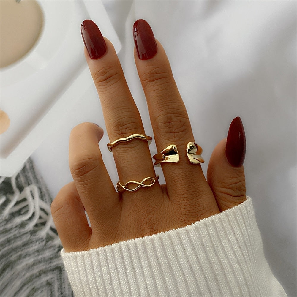 FNIO Bohemian Gold Color Chain Rings Set