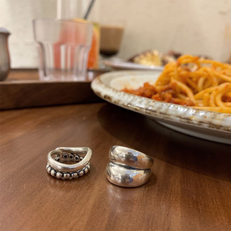 VENTFILLE 925 Sterling Silver Wave Light-shaped Solid Double-layer Ring