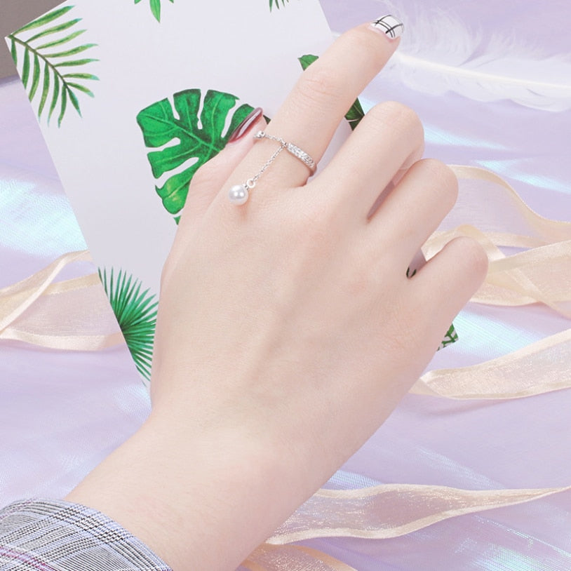 Simulated Pearl Chain Tassel Adjustable Ring