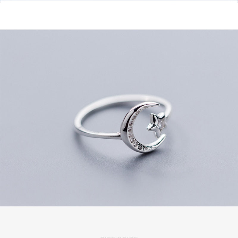 Real 925 Sterling Silver Minimalist Zircon Moon Star Opening Ring