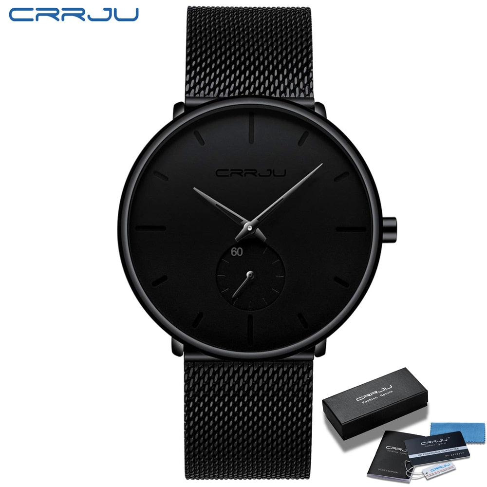 CRRJU Fashion Luxury Slim Mesh Steel Waterproof Mens Watch