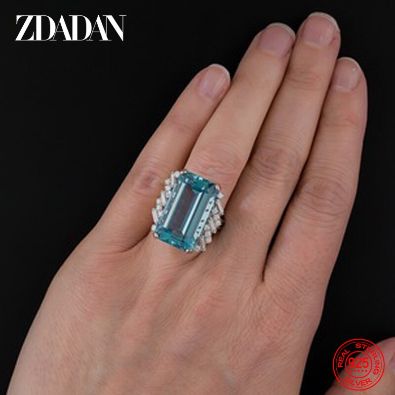 ZDADAN 925 Sterling Silver Charm Square Aquamarine Ring