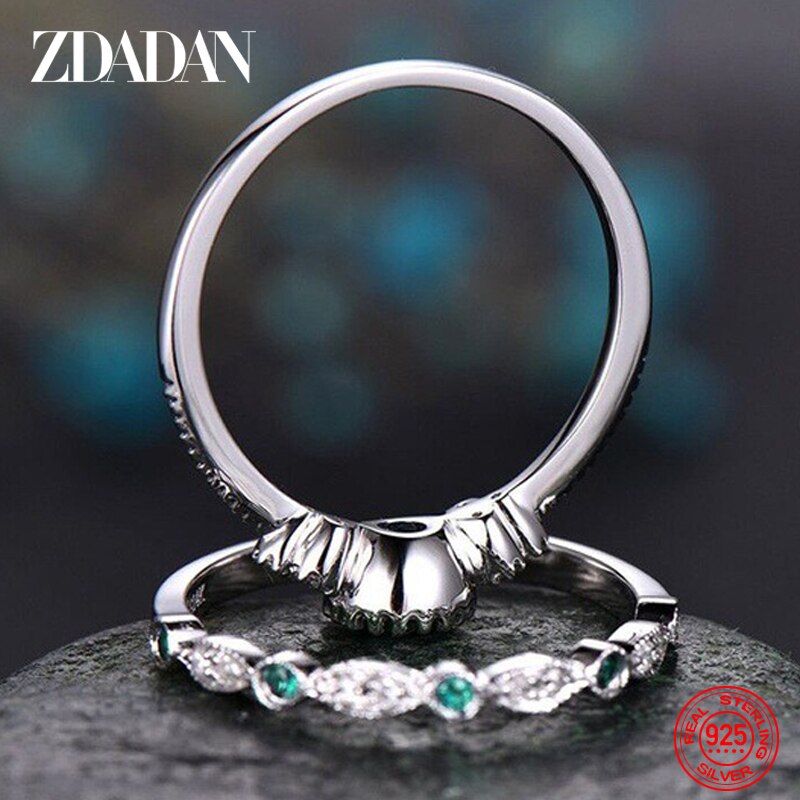 ZDADAN 925 Sterling Silver Emerald Zircon Charm Blue Gemstone Ring