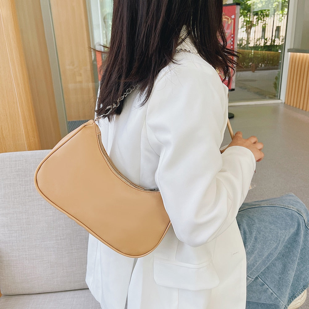 Women&#39;s Bag PU Leather 2021 New Solid Color Armpit Underarm Shoulder Bags for Women Casual Ladies Chain Shopper Handbags Purse