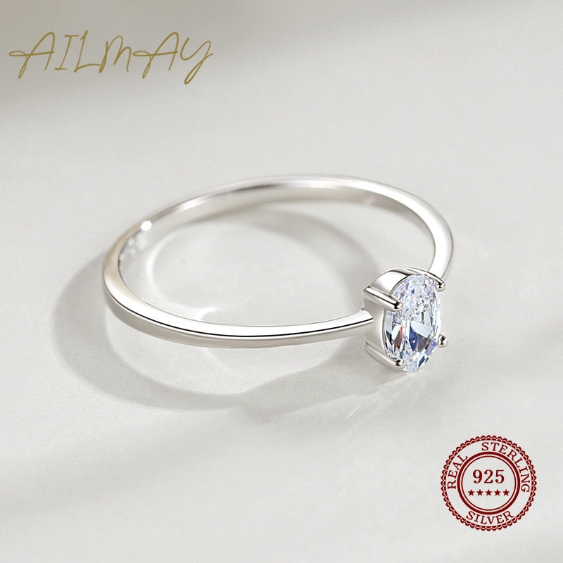 Ailmay Real 925 Sterling Silver Simple Oval Zirconia Ring