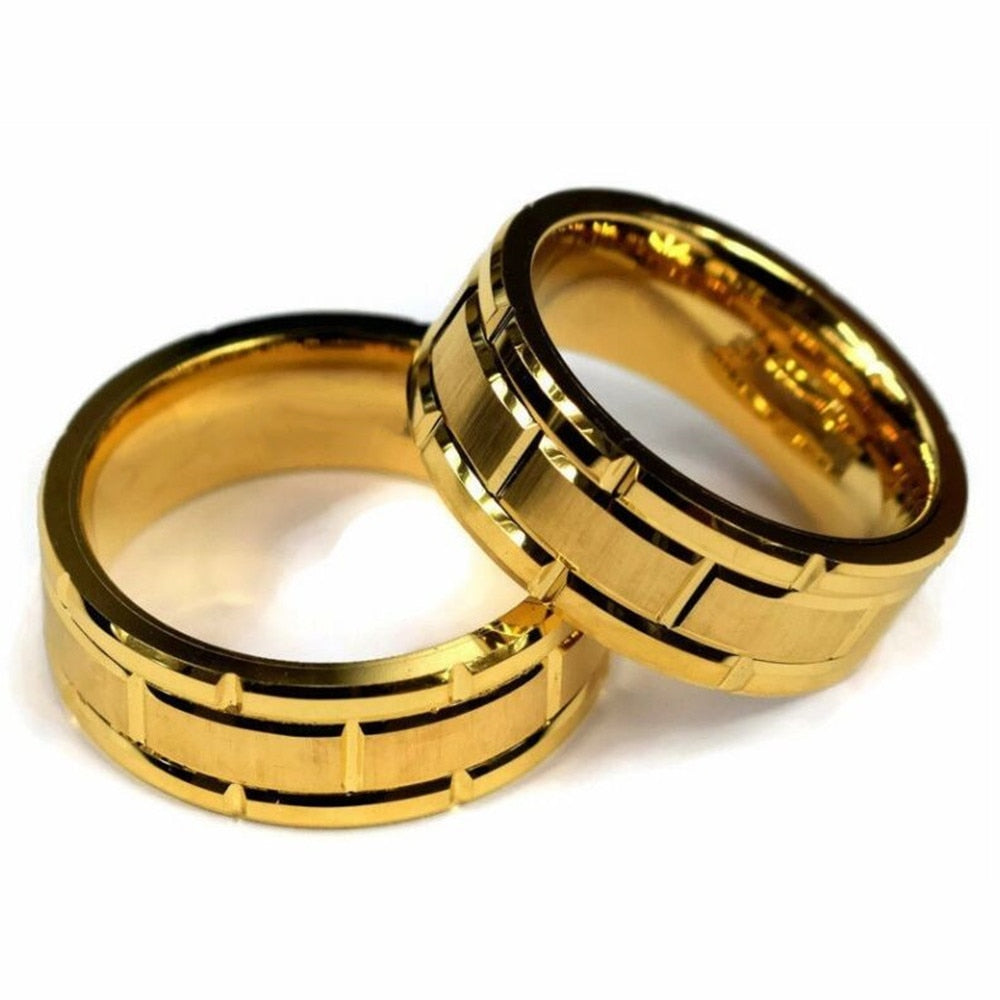 Simple Tungsten Carbide Gold Color Grooved Men Ring