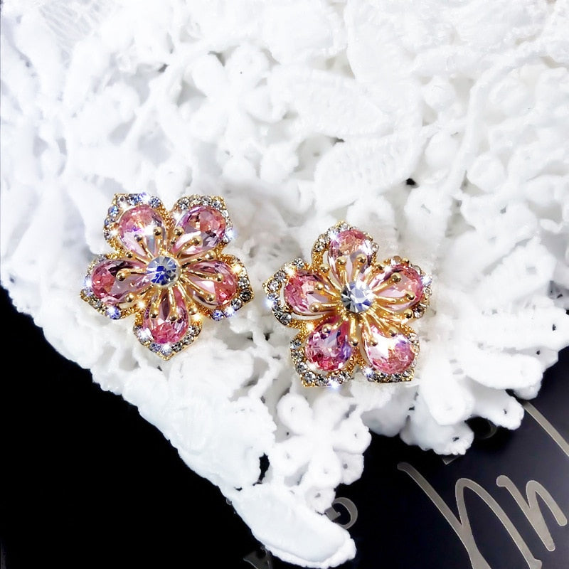 Korea Flower Crystal Temperament Geometric Shiny Zircon Earrings