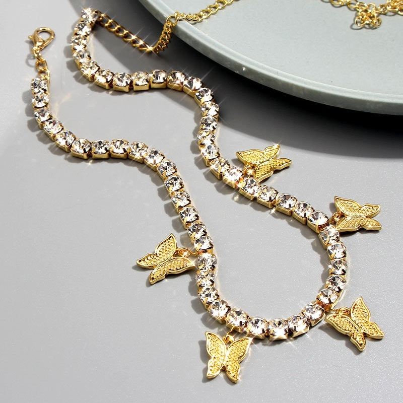 Gold Silver Color Butterfly Pendant Necklace Female Shiny Crystal Clavicle Chain Necklace