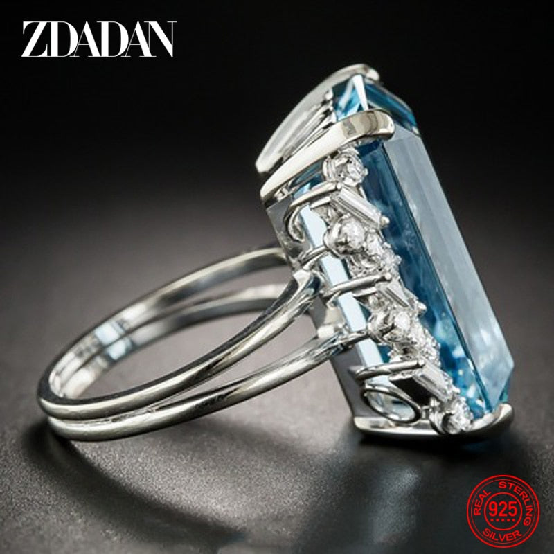 ZDADAN 925 Sterling Silver Charm Square Aquamarine Ring