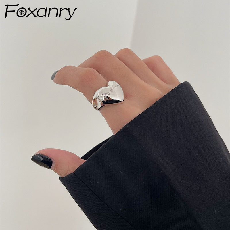 FOXANRY Silver Color Elegant Simple Smooth LOVE Heart Party Ring