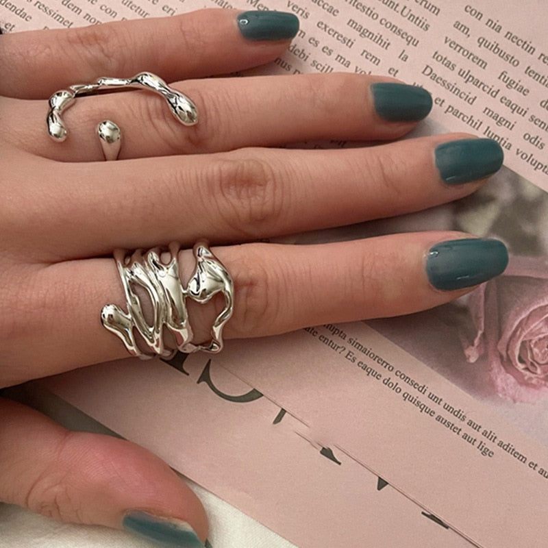 LIVVY Silver Color Irregular Hollow Wide Ring