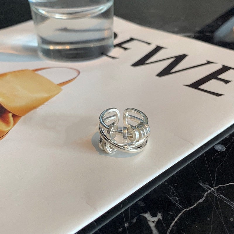 XIYANIKE Unique OT Buckle Chain Fashion Multi-layer Cross Round Silver Ring