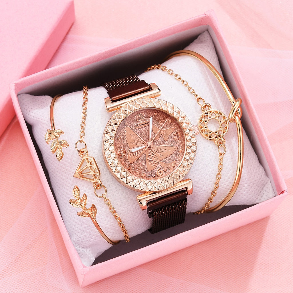 5PCS Women Set Luxury Rose Gold Dress Quartz Watch Bracelet