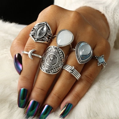 14 Pcs/Set Neo-Gothic Mixed Feather Elephant Star Moon Sun Ring