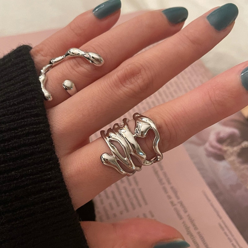 LIVVY Silver Color Irregular Hollow Wide Ring