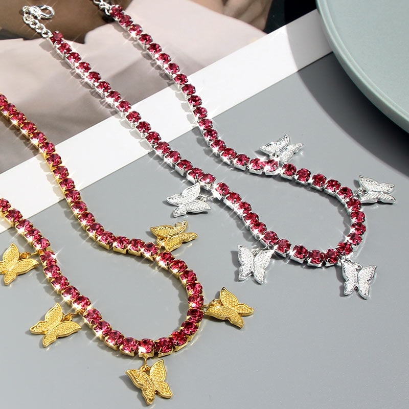 Gold Silver Color Butterfly Pendant Necklace Female Shiny Crystal Clavicle Chain Necklace