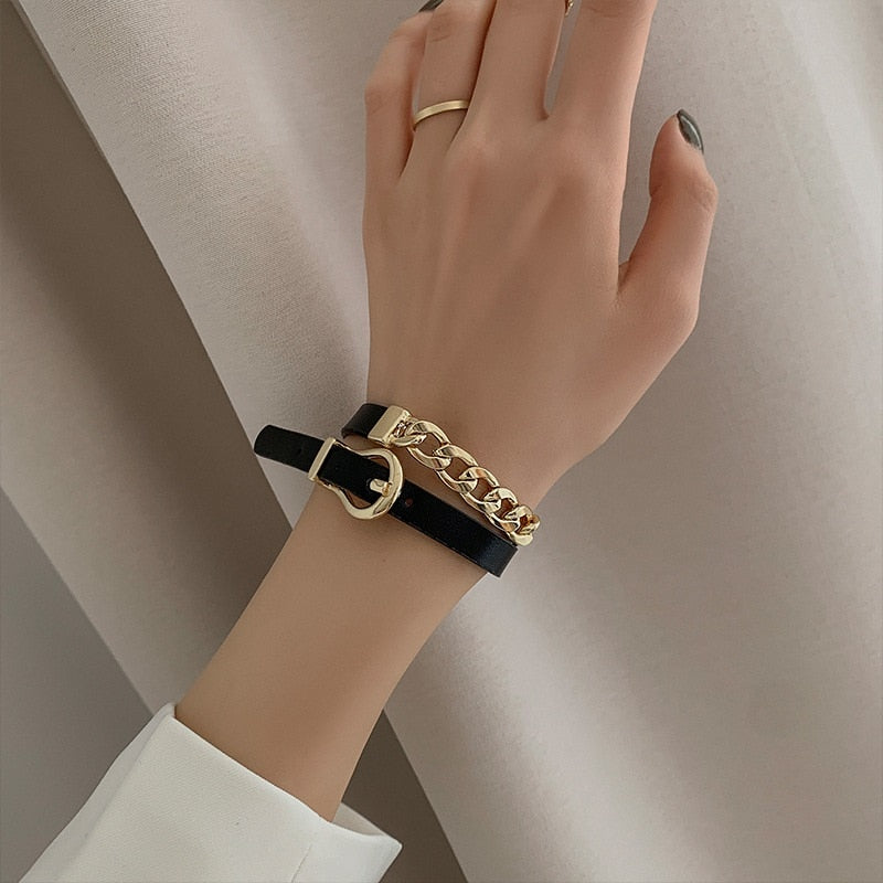 Amorcome Women Punk PU Leather Choker Chain Collar Necklace