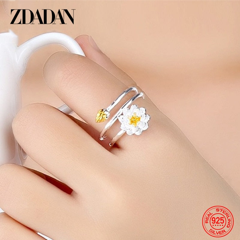 ZDADAN 925 Sterling Silver Charm Lotus Ring