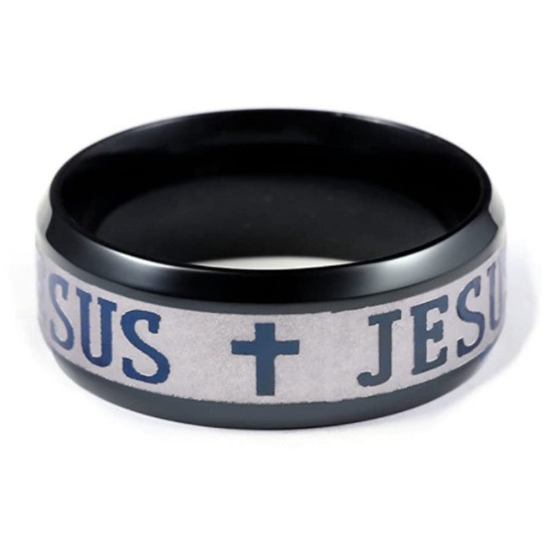 Stainless Steel Black Color Jesus Cross Letter Bible Ring