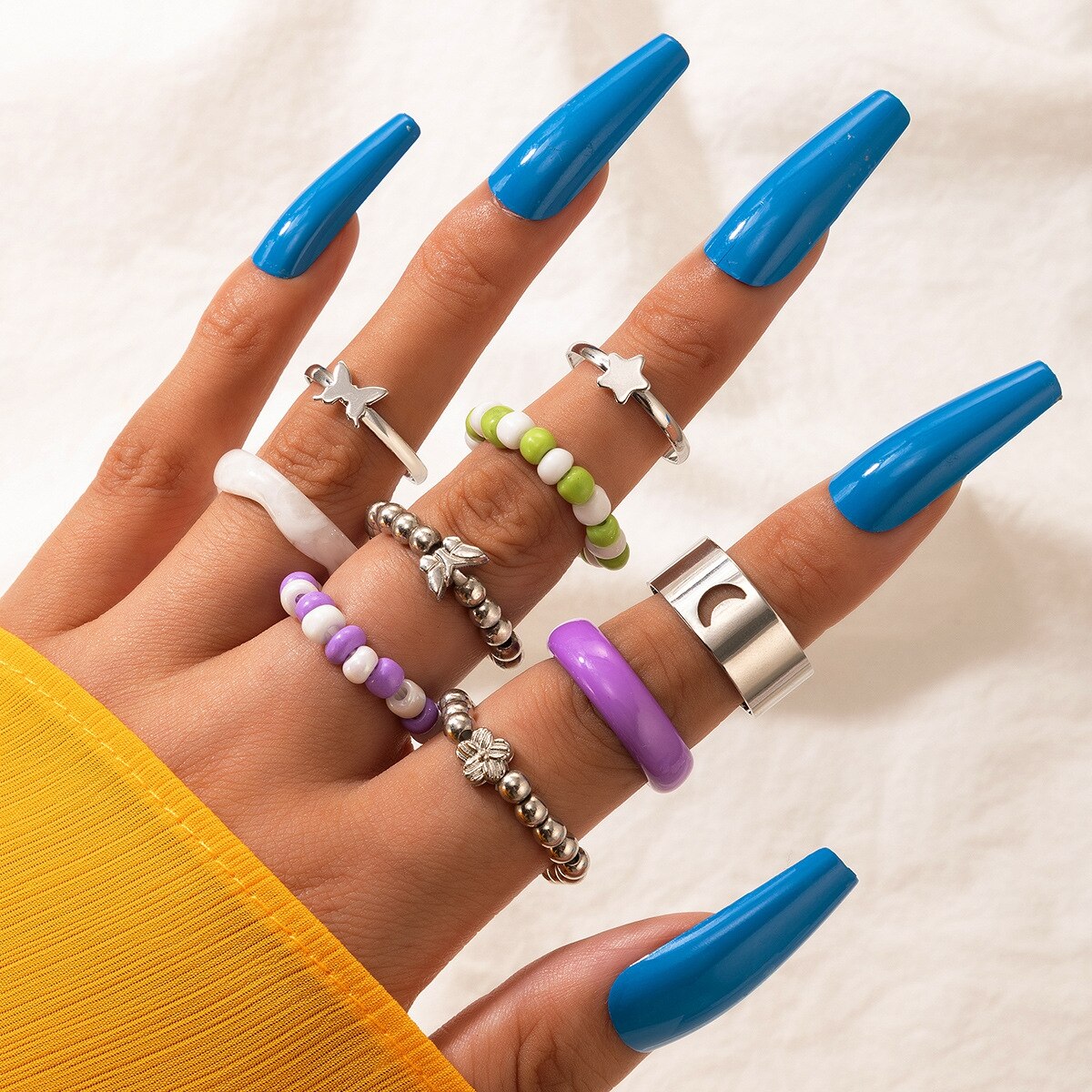 14 Pcs/Set Neo-Gothic Mixed Feather Elephant Star Moon Sun Ring