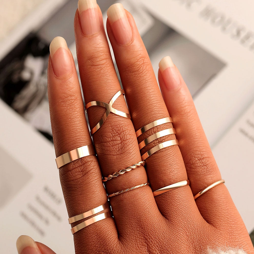 FNIO Bohemian Gold Color Chain Rings Set
