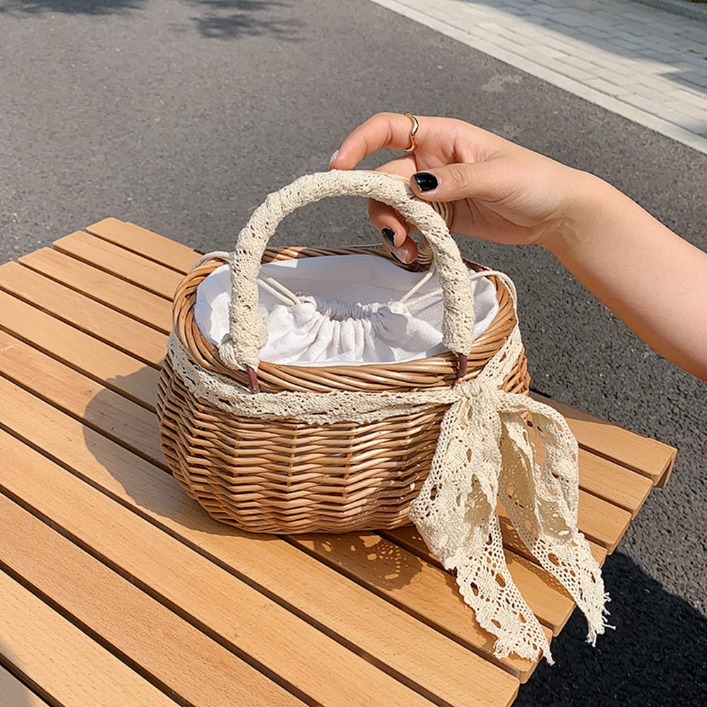 Straw Rattan Handmade Pearl Beads Tote Bag
