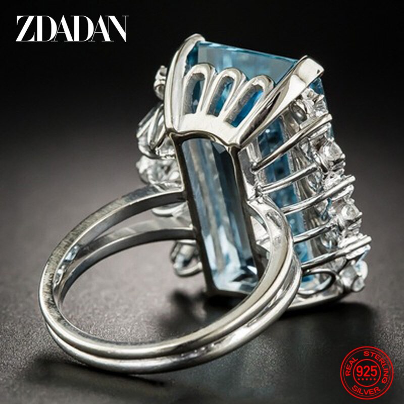 ZDADAN 925 Sterling Silver Charm Square Aquamarine Ring