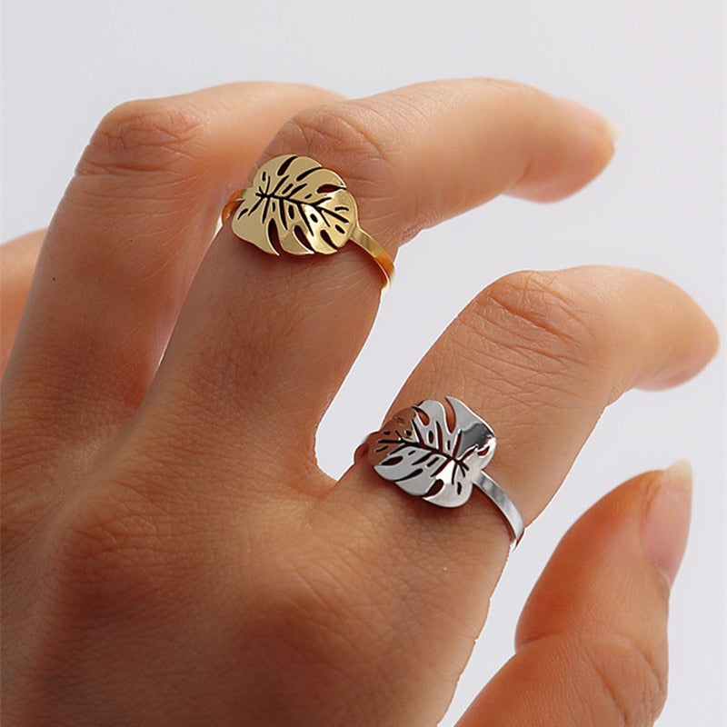 Tropical Leaf Gold Palm Leaf Stainless Steel Rings