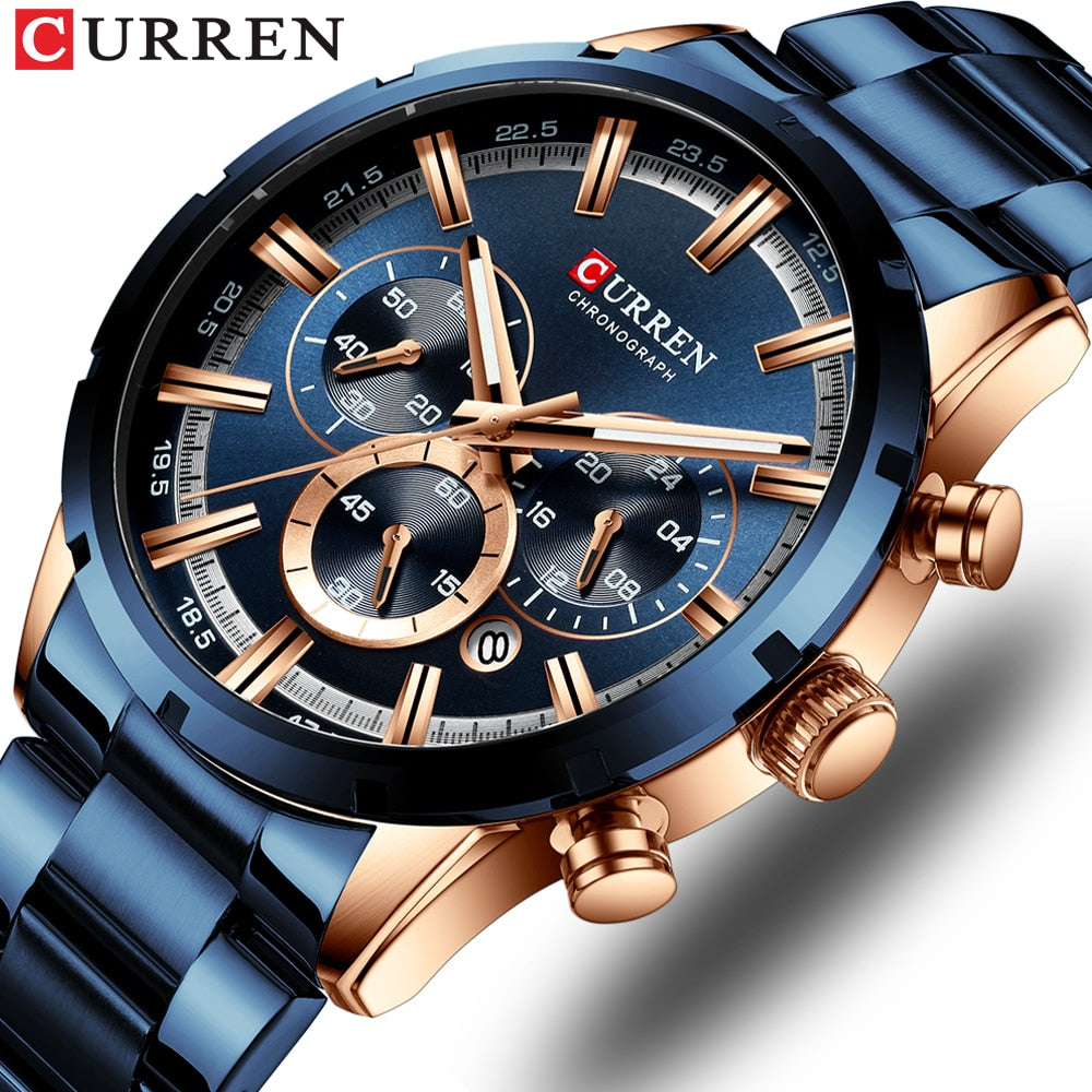 Blue Dial Stainless Steel Band Date Mens Watch