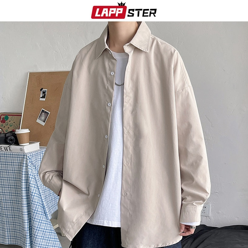 LAPPSTER Men Korean Fashion White Long Sleeve Shirts