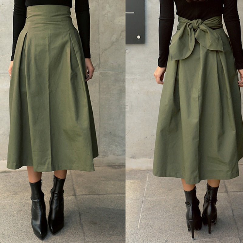 Korean Fashion Solid Color Big Swing Women High Waist Bow Slim Skirt