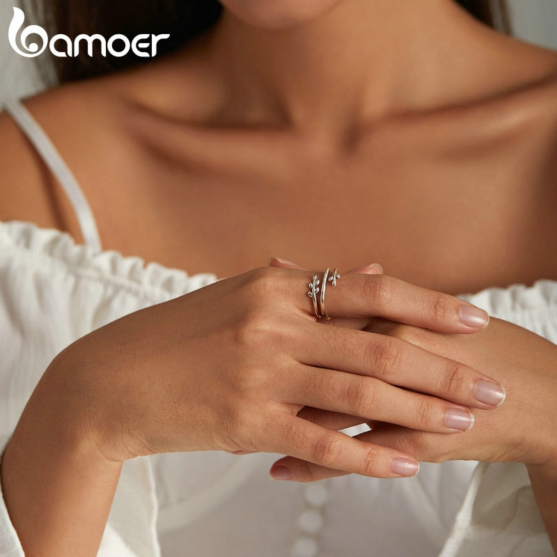 Bamoer 925 Sterling Silver Leaves Adjustable Ring