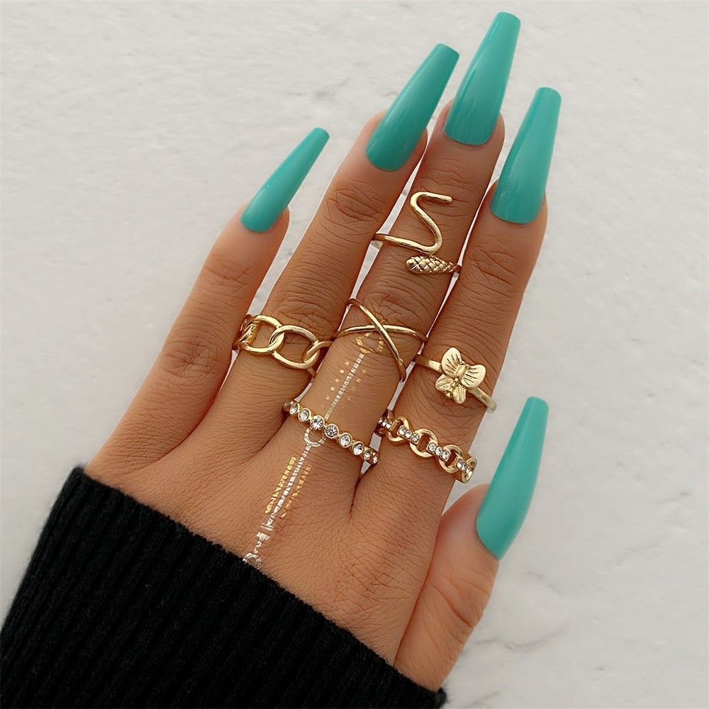 FNIO Bohemian Gold Color Chain Rings Set