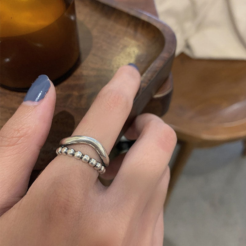 VENTFILLE 925 Sterling Silver Wave Light-shaped Solid Double-layer Ring