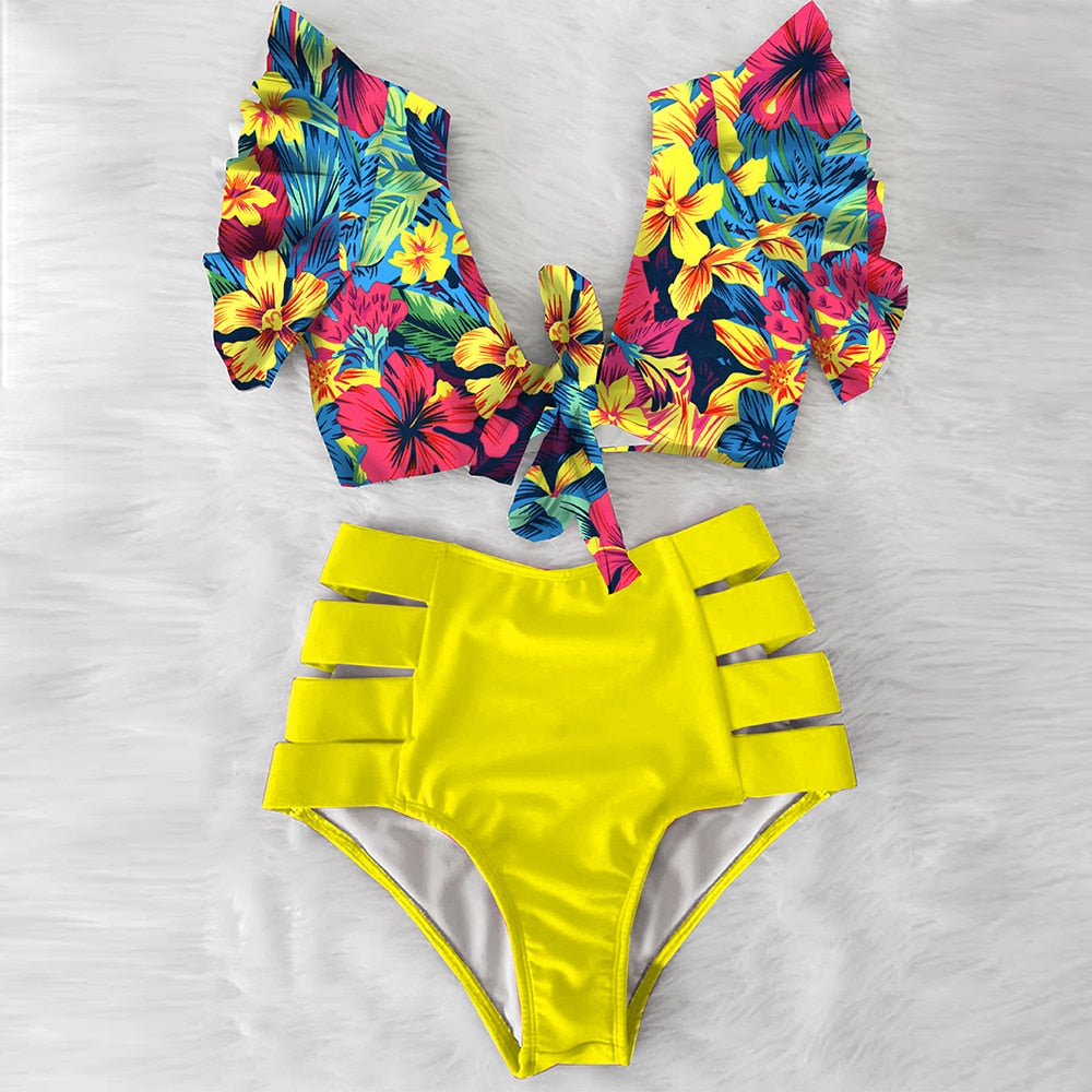 Floral Beachwear V-Neck High Waist Ruffled Sexy Bikini Set