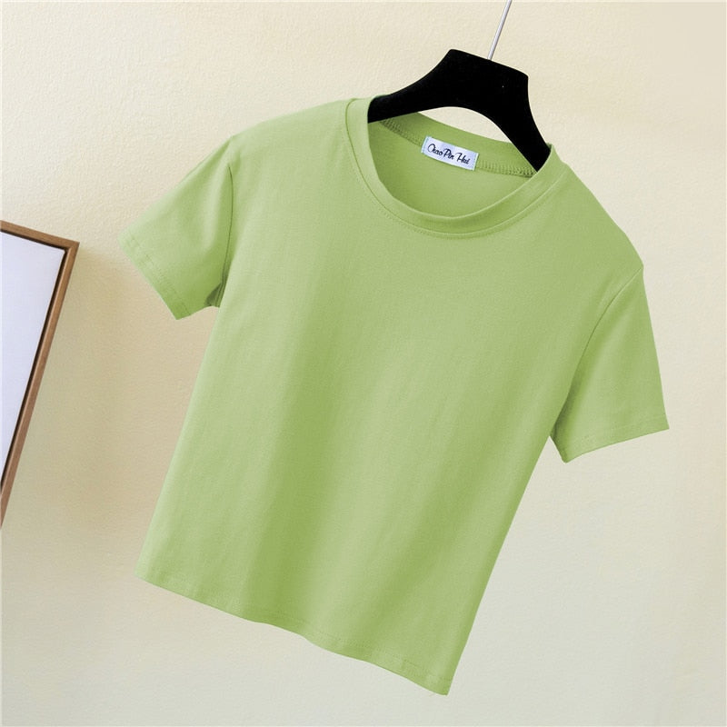 Crop Top Female Solid Cotton O-Neck Short Sleeve T-Shirt