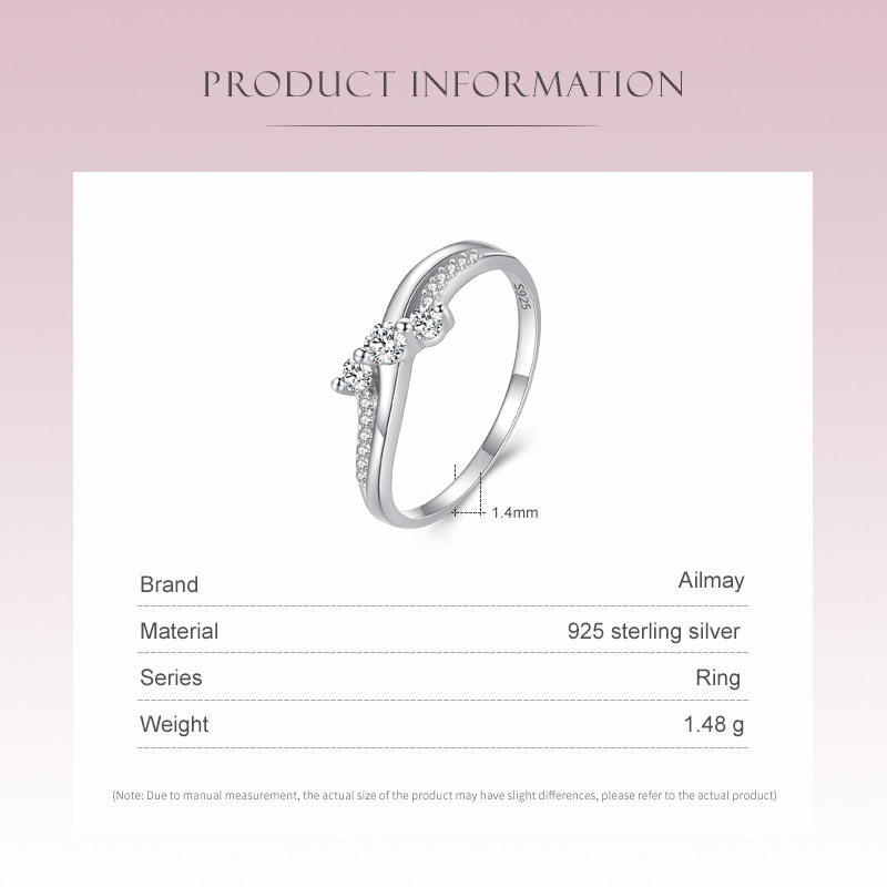 Ailmay Real 925 Sterling Silver Sparkling Cubic Zirconia Wave Shape Ring