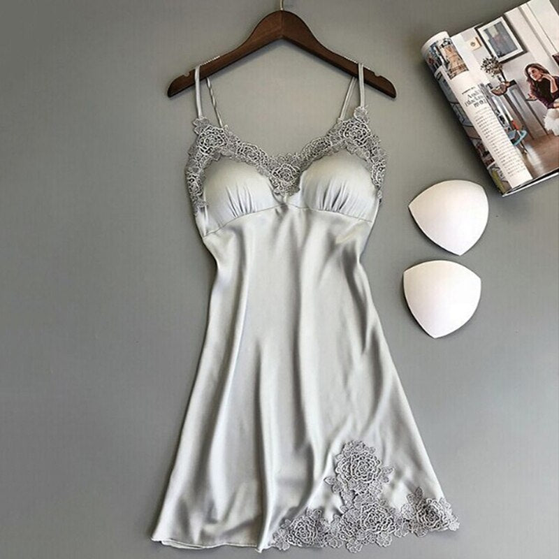 Women Nightgowns Satin Lace Sexy Lingerie Summer V-neck Sleeveless Night Dress Sleepwear Dress Chest Pad Nightgown