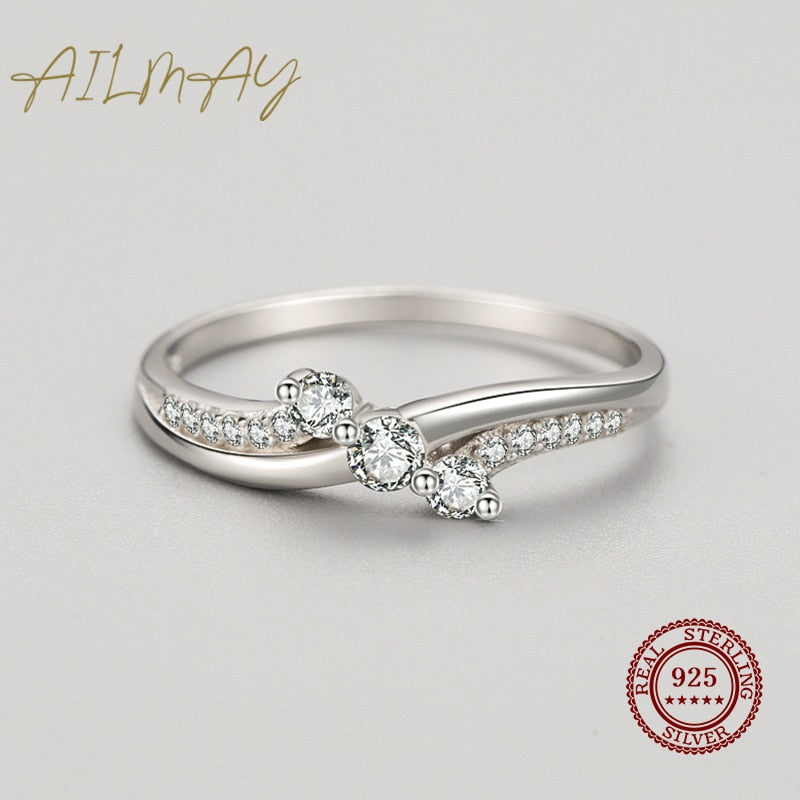 Ailmay Real 925 Sterling Silver Sparkling Cubic Zirconia Wave Shape Ring