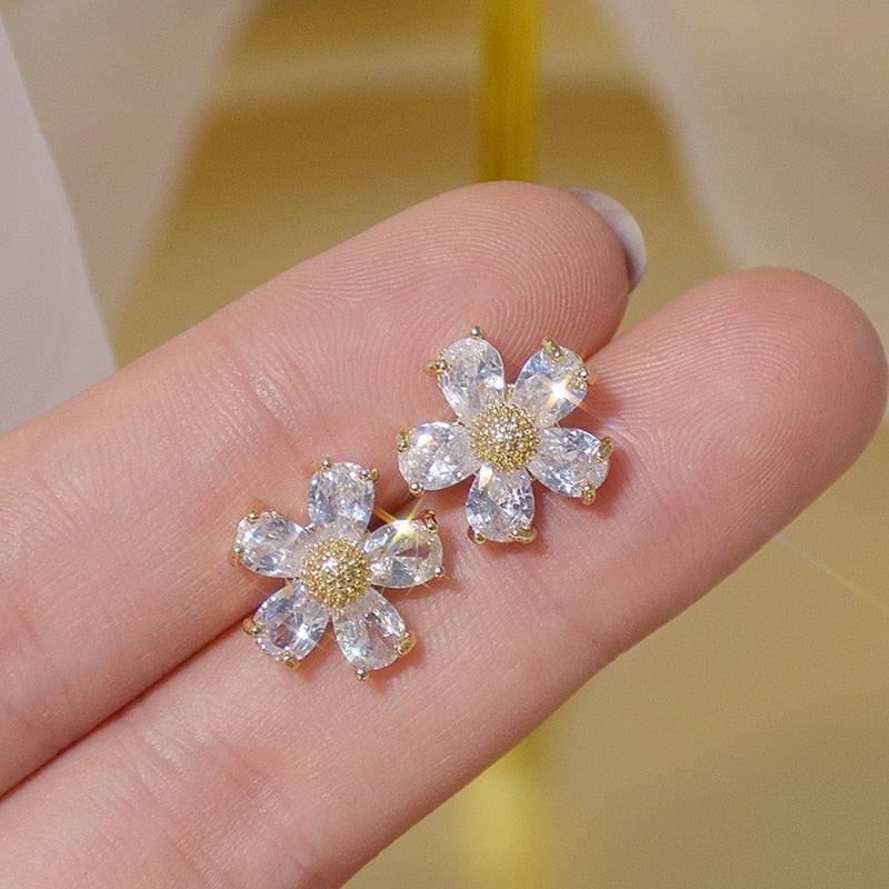 Korea Flower Crystal Temperament Geometric Shiny Zircon Earrings